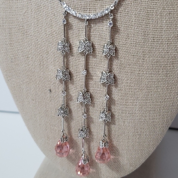 Sterling Silver Three Strand Pink Butterfly Rhinestone Necklace Made in Italy - Picture 3 of 6